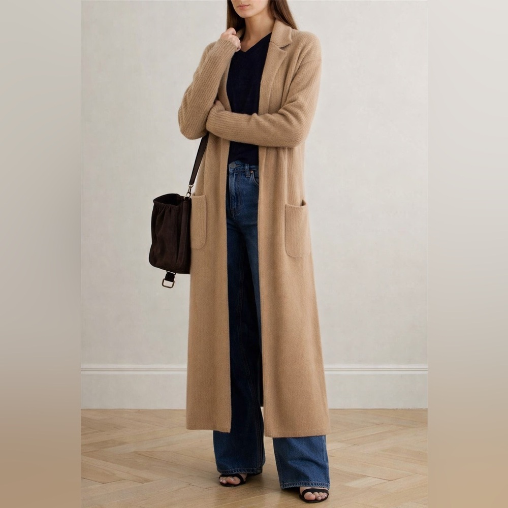 Nordstrom Cashmere Wool Long Ribbed Pockets Camel Tan Brown Cardigan Duster Sz S
